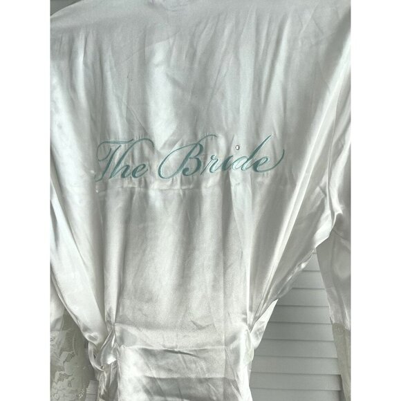 "The Bride" Linea Donatella Short White Satin Wrap Robe Blue Trim Sz Small - Picture 4 of 10